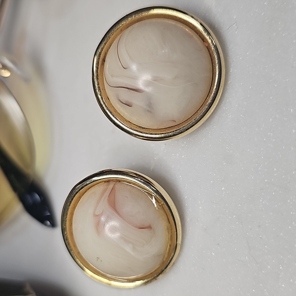 Napier Goldtone and Cream Round Clip Earrings - Picture 2 of 3